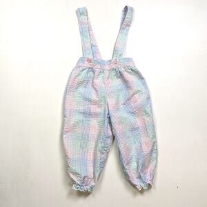 Vintage Pants Girls Size 24m Pastel Plaid Suspender Seersucker Overalls